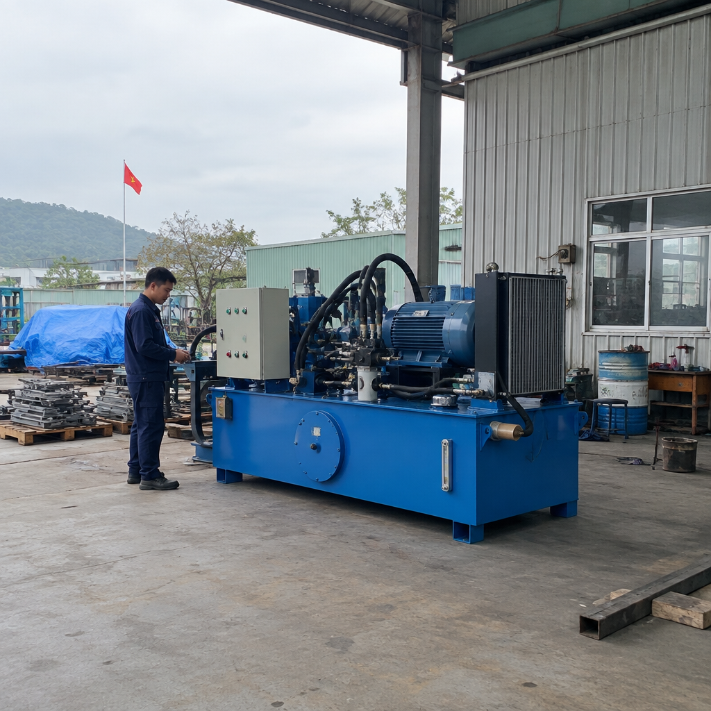 Bộ nguồn thủy lực cỡ lớn đang hoạt động trong môi trường nhà máy công nghiệp