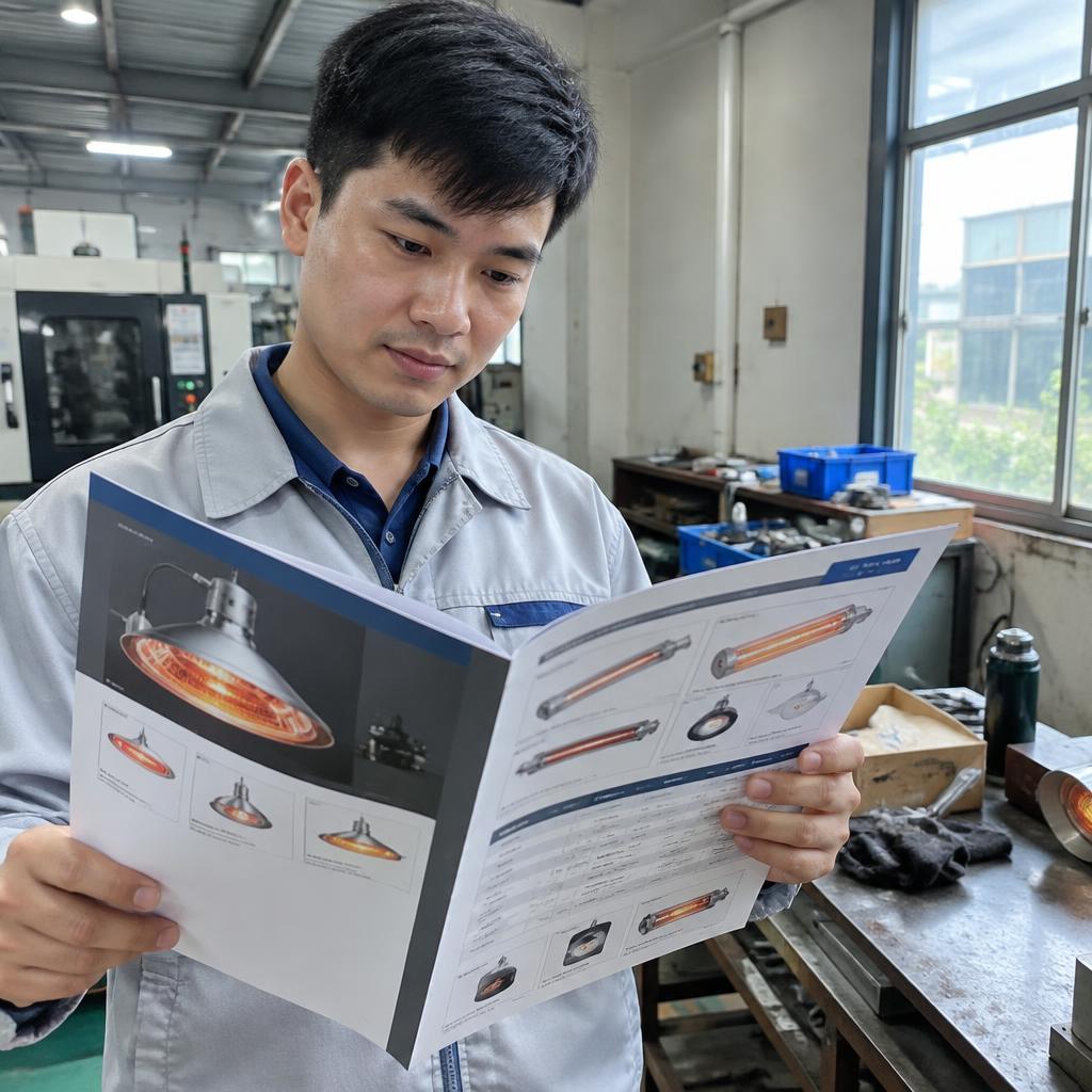 Người công nhân đang kiểm tra thông số kỹ thuật của một bóng sấy công nghiệp