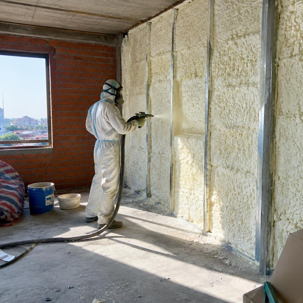 Công nhân đang phun PU foam cách nhiệt trên công trường
