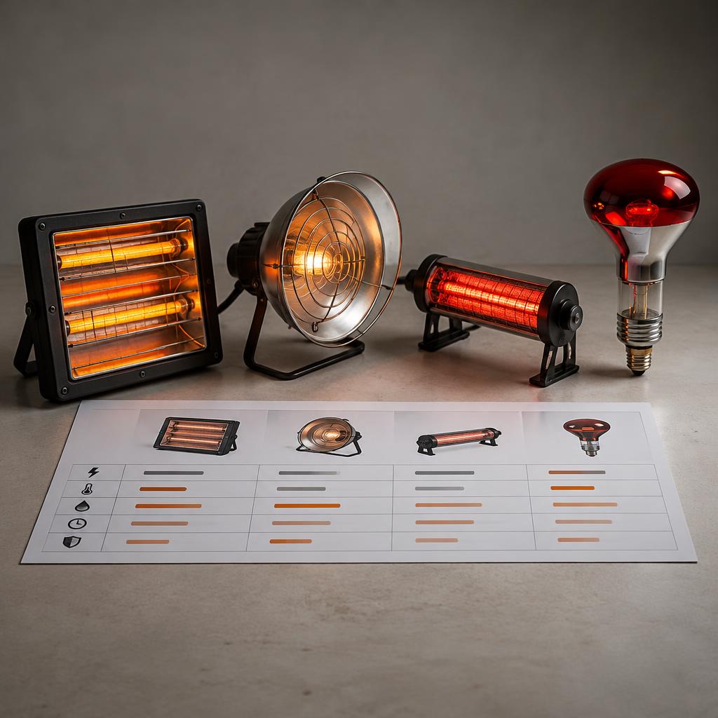 Ba loại bóng sấy công nghiệp khác nhau, gồm bóng halogen, thạch anh và carbon, được sắp xếp để so sánh