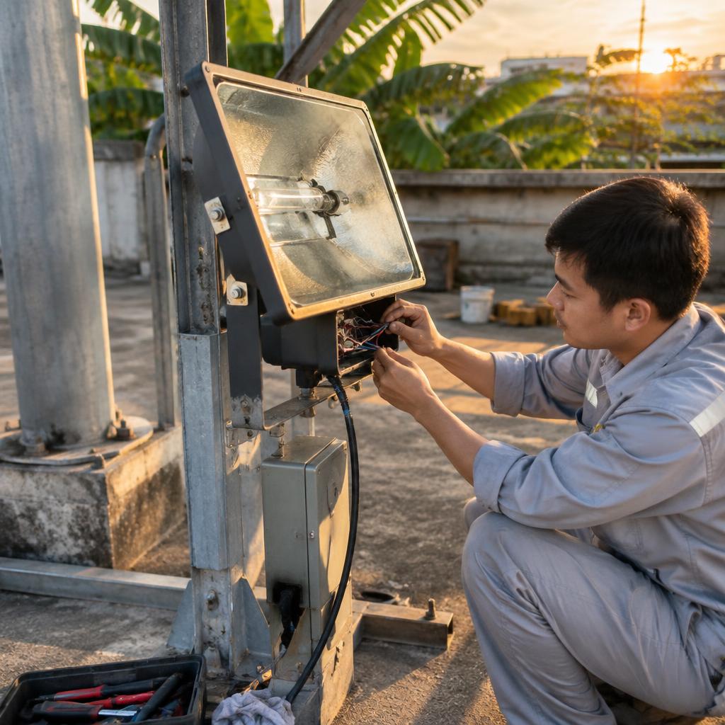 Kỹ thuật viên đang kiểm tra và bảo dưỡng bóng sấy nhiệt halogen trong một hệ thống công nghiệp