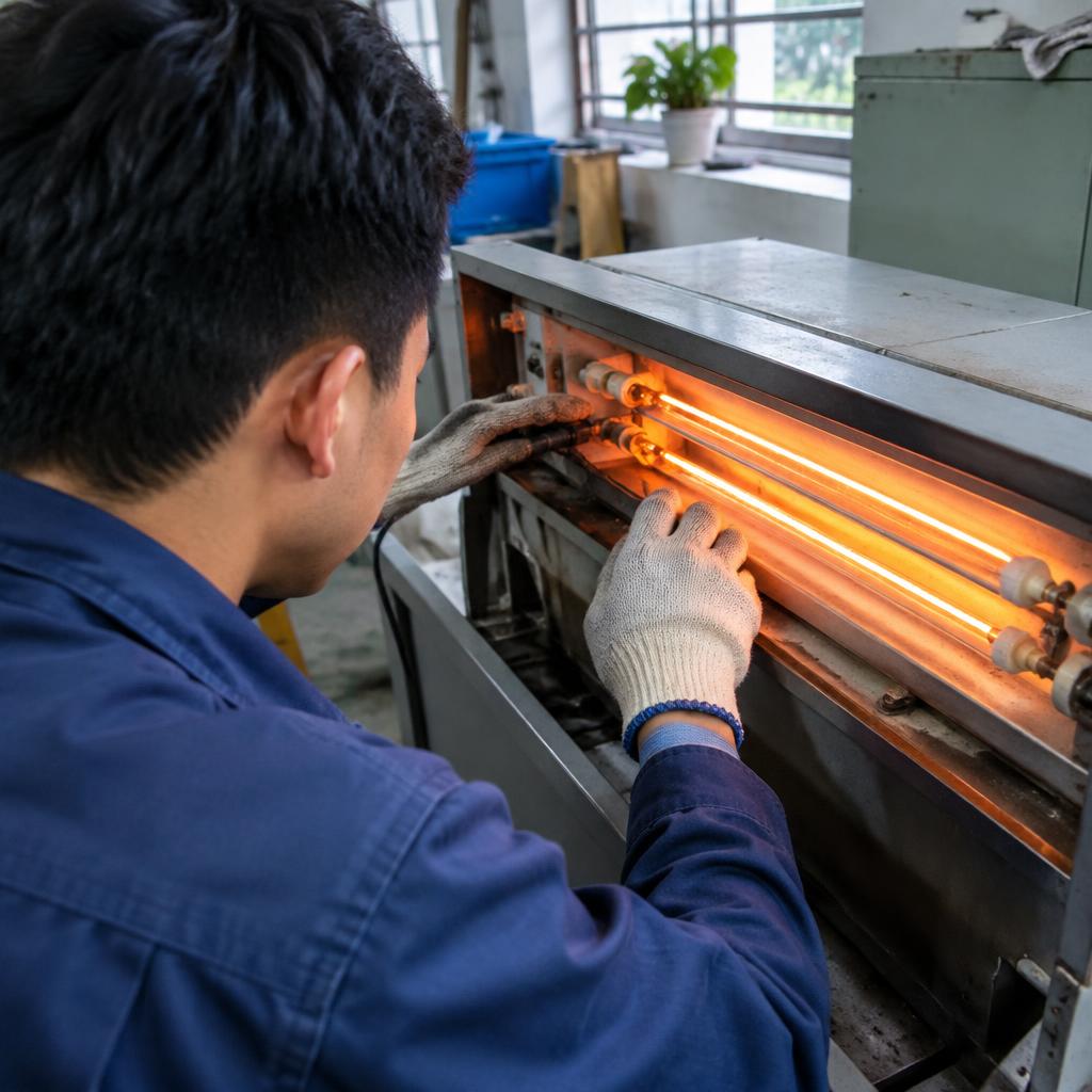 Kỹ thuật viên đang kiểm tra và bảo trì bóng sấy nhiệt trong môi trường công nghiệp