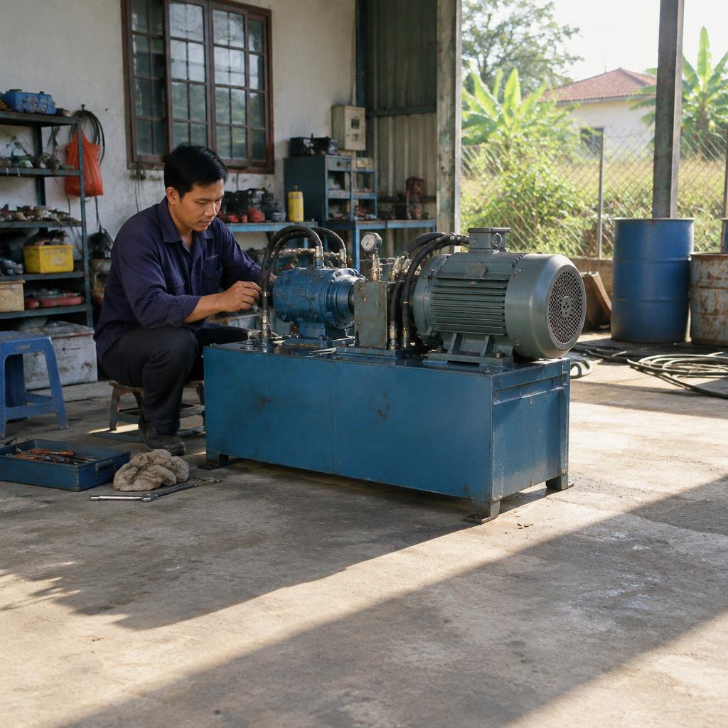 Bơm và động cơ của trạm nguồn thủy lực đang hoạt động