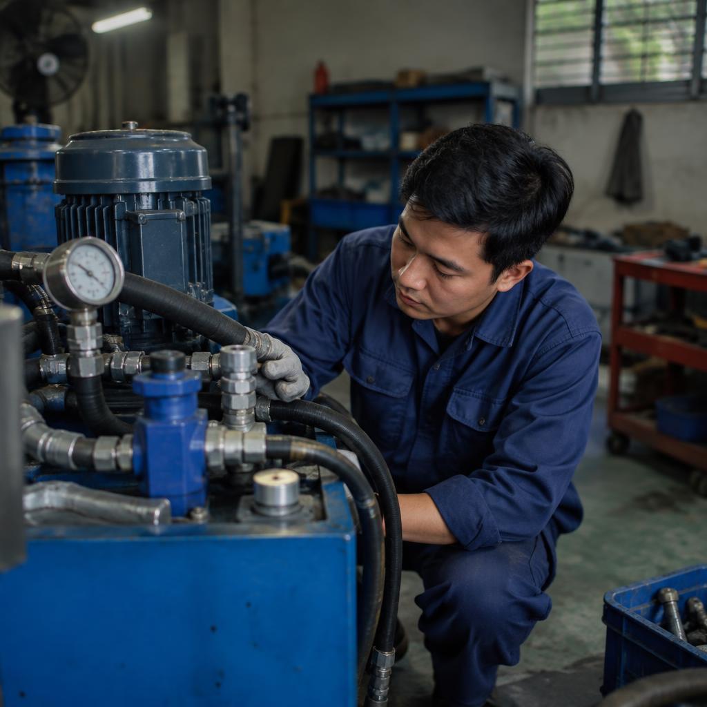 Kỹ sư kiểm tra hệ thống thủy lực với các đường ống và van điều khiển