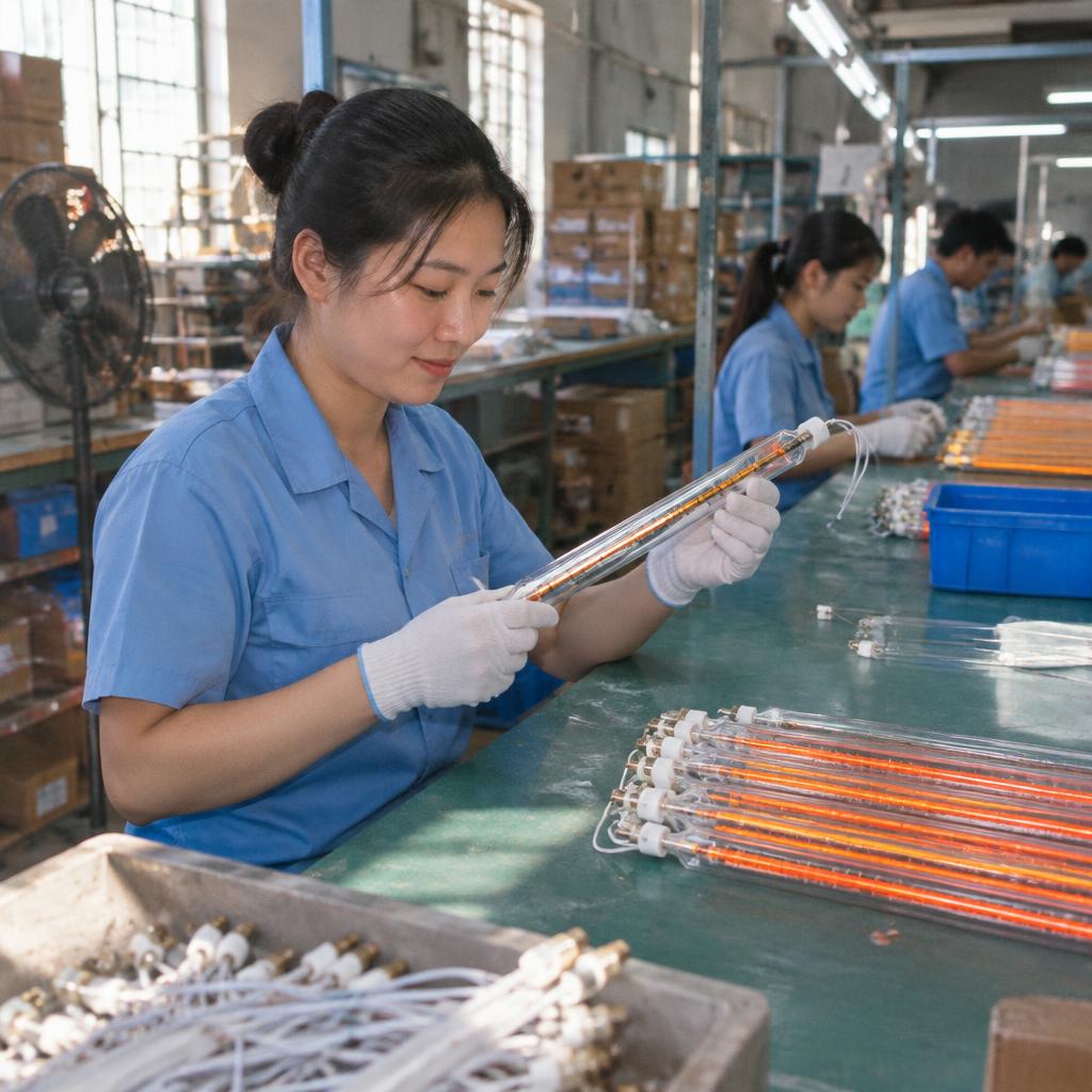 Bóng sấy nhiệt thạch anh đang được sản xuất trong nhà máy với quy trình kiểm soát chất lượng nghiêm ngặt
