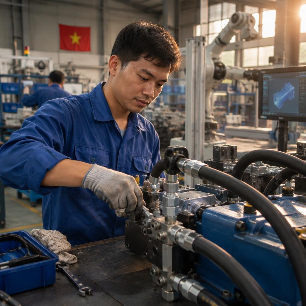 Nhà máy sản xuất thông minh với hệ thống thủy lực tiên tiến và robot