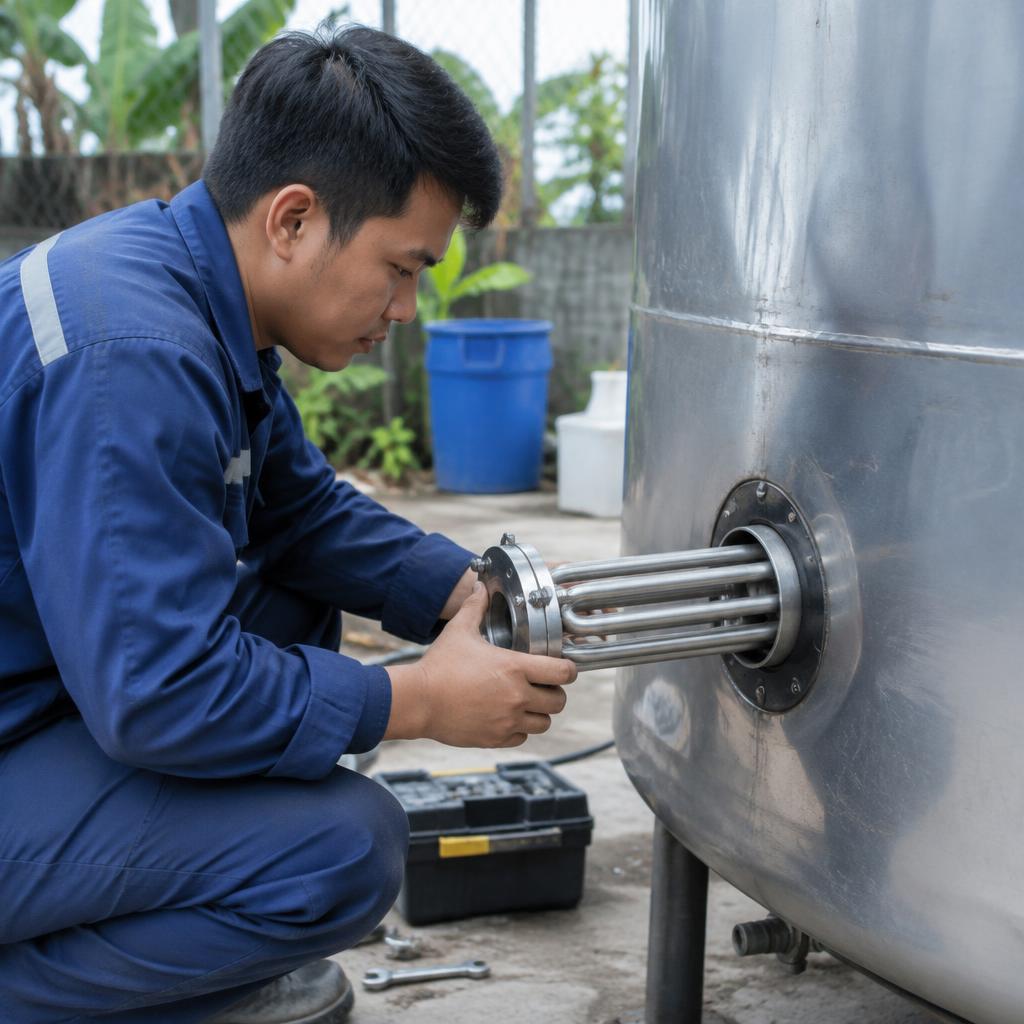 Kỹ sư đang lắp đặt củ điện trở vào bồn chứa công nghiệp