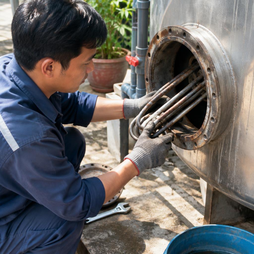 Kỹ thuật viên kiểm tra củ điện trở bị bám cặn trong bồn
