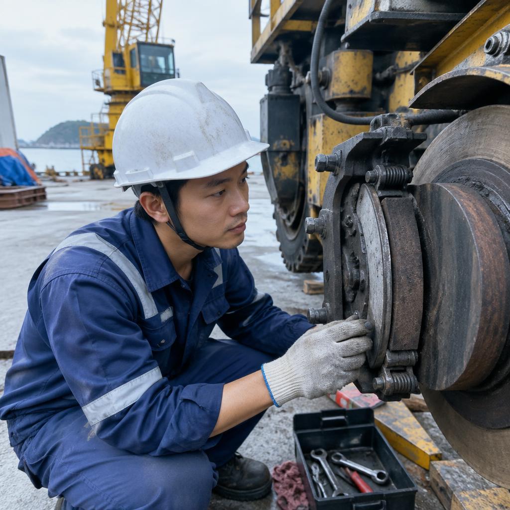 Kỹ thuật viên kiểm tra má phanh cẩu trục