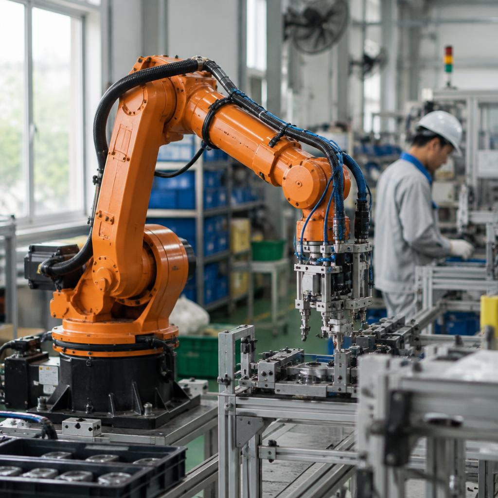 Cánh tay robot công nghiệp sử dụng động cơ DC trong dây chuyền lắp ráp