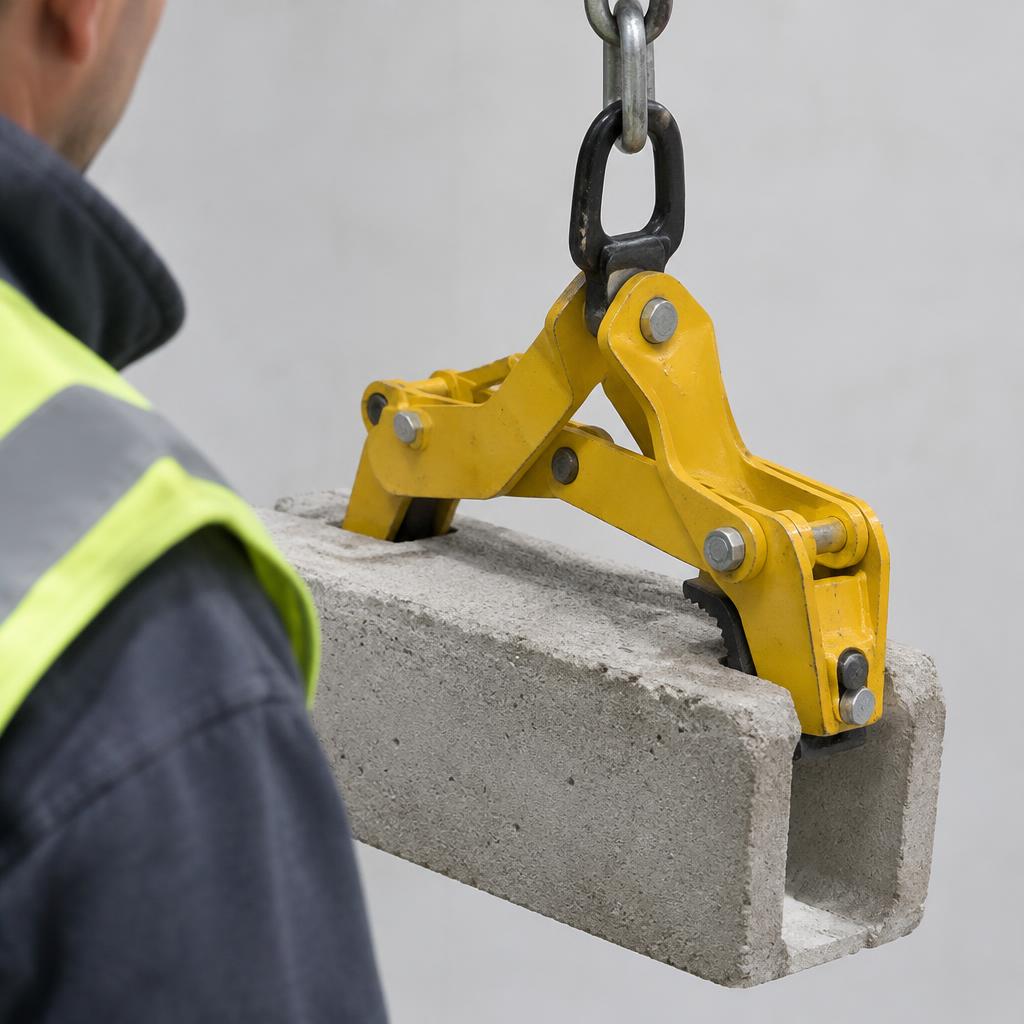 Kẹp nâng khối bê tông chắc chắn đang nâng một khối bê tông 500kg trong công trường