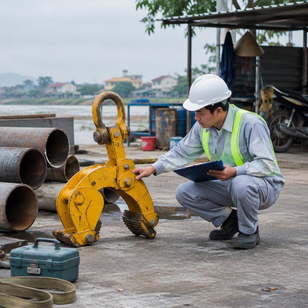 Kỹ thuật viên đang kiểm tra và bảo dưỡng thiết bị nâng hạ công nghiệp
