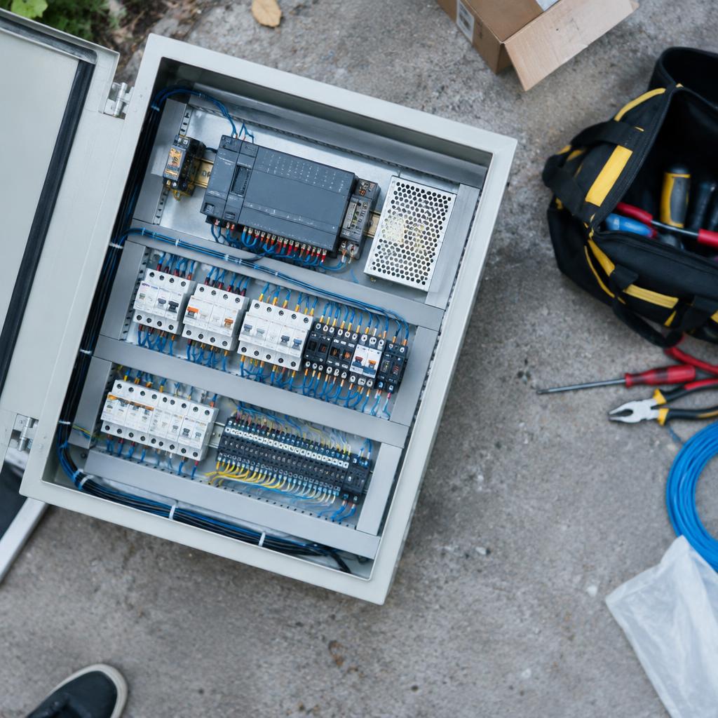 Hệ thống tự động hóa công nghiệp với các bảng điều khiển và máy móc hiện đại trong nhà máy