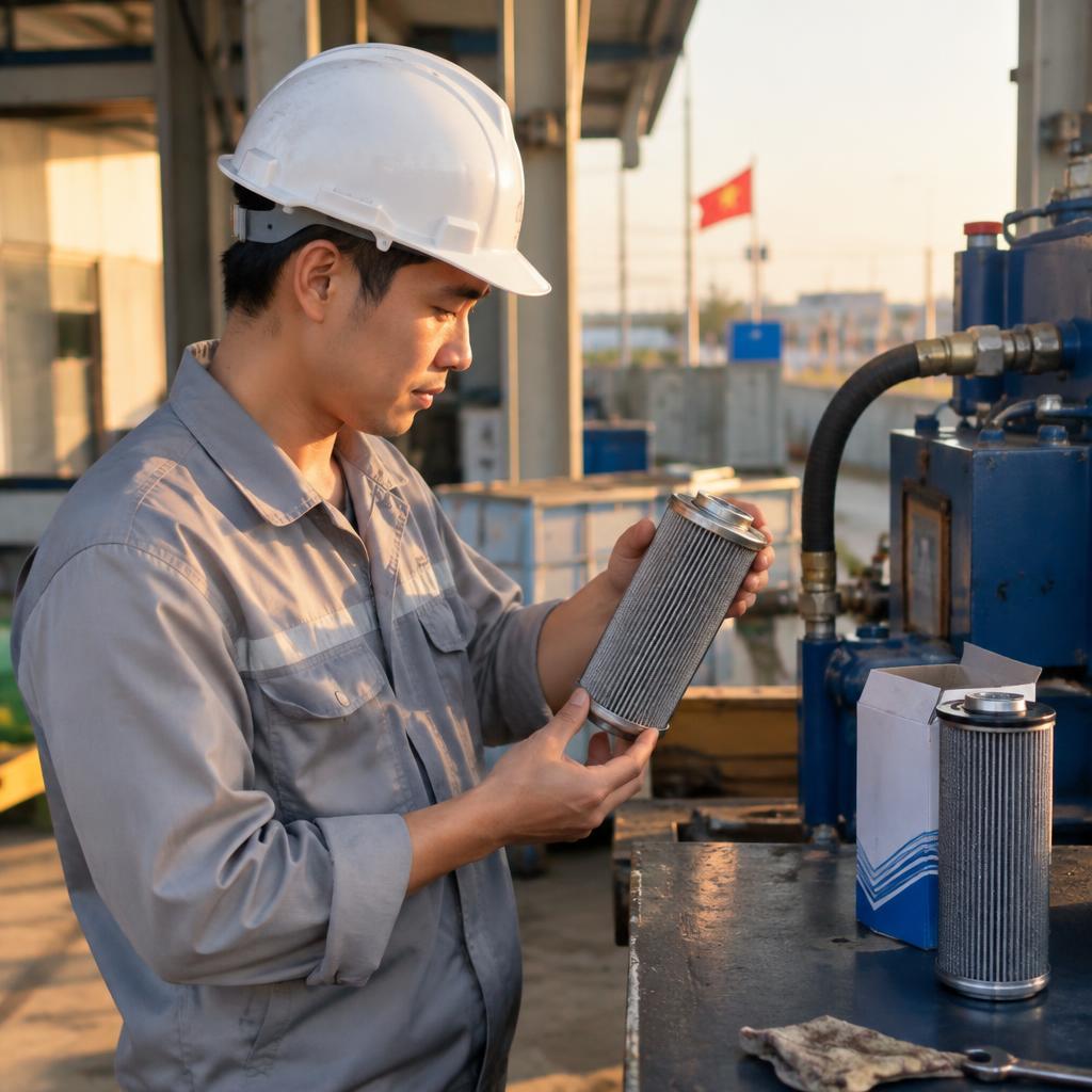 Kỹ sư đang kiểm tra thông số kỹ thuật để lựa chọn lọc dầu hồi thủy lực RFA phù hợp.