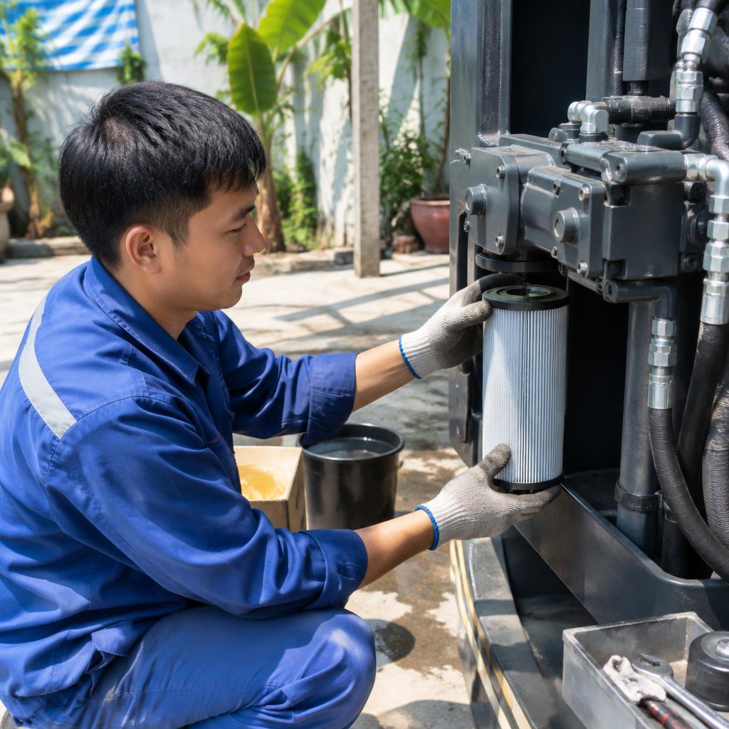 Kỹ thuật viên đang thực hiện lắp đặt lọc dầu hồi thủy lực RFA mới vào hệ thống.