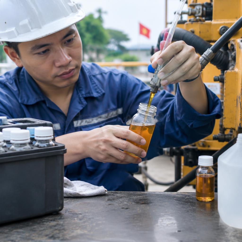 Mẫu dầu thủy lực đang được phân tích trong phòng thí nghiệm để đánh giá hiệu suất lọc.