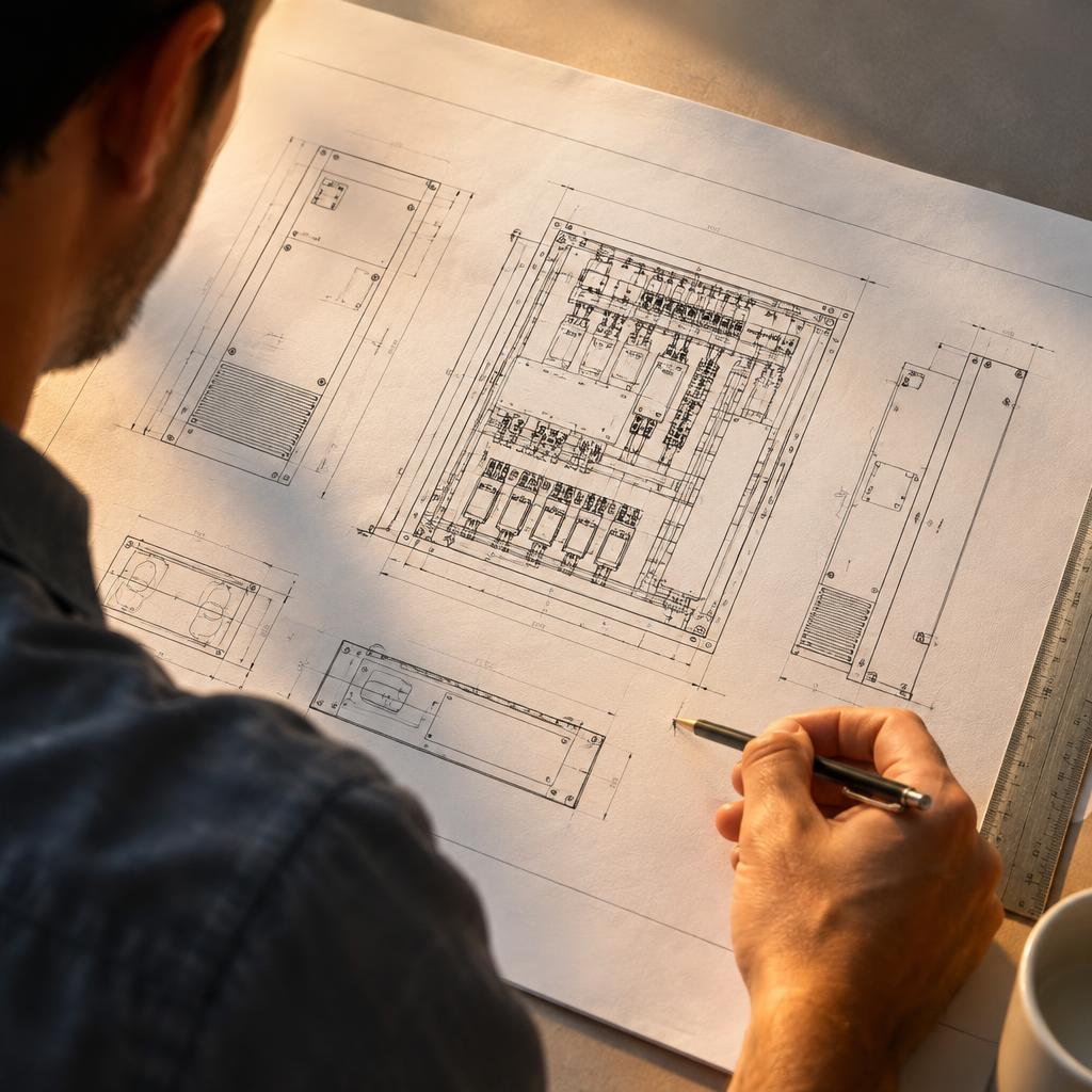 Kỹ sư đang xem xét bản vẽ kỹ thuật để lập kế hoạch mua thiết bị điện công nghiệp.