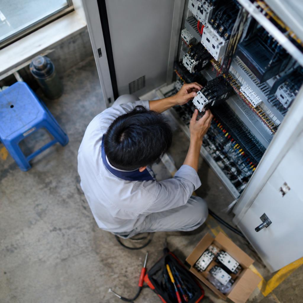 Kỹ thuật viên đang thay thế linh kiện điện công nghiệp