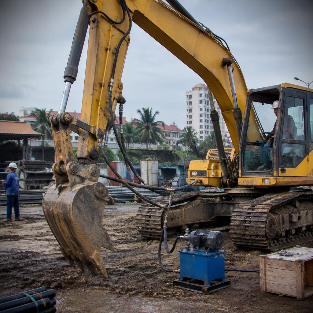 Người công nhân đang vận hành máy ép thủy lực thủ công