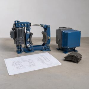 Kỹ sư đang kiểm tra sơ đồ kỹ thuật để lựa chọn phanh cẩu Hitachi phù hợp với tải trọng 5 tấn.