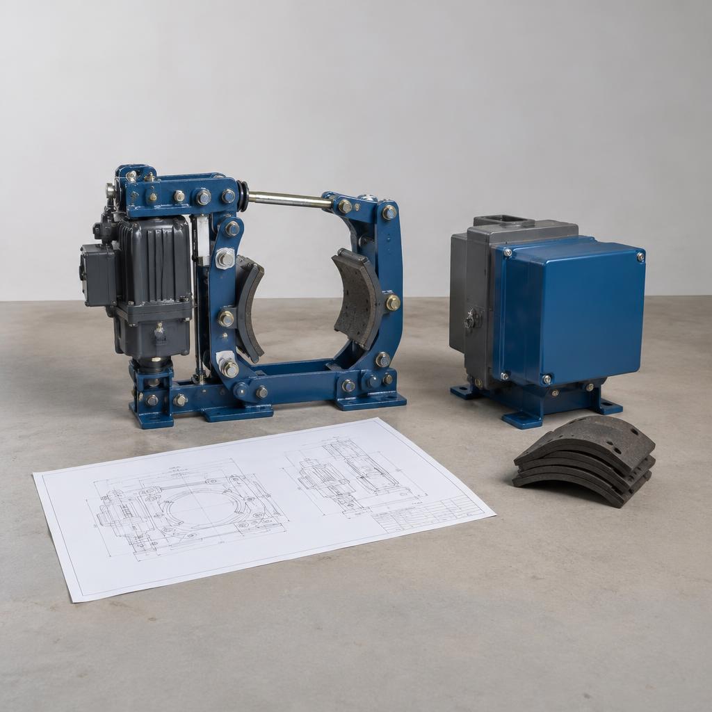 Kỹ sư đang kiểm tra sơ đồ kỹ thuật để lựa chọn phanh cẩu Hitachi phù hợp với tải trọng 5 tấn.