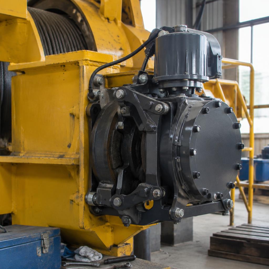 Kỹ thuật viên đang lắp đặt phanh cẩu Hitachi lên trục cẩu, đảm bảo các kết nối điện và cơ khí chính xác.