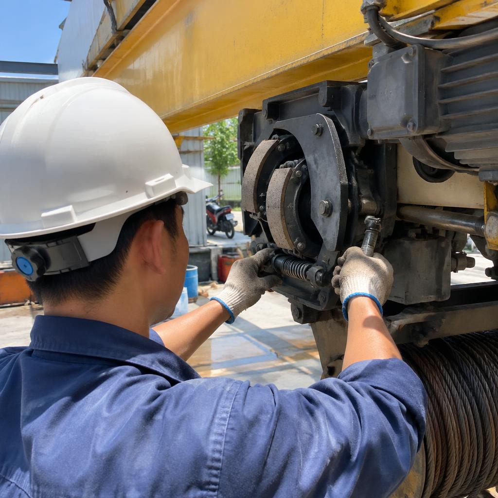 Kỹ thuật viên đang dùng thước đo để điều chỉnh khoảng hở má phanh cẩu Hitachi sau khi lắp đặt.
