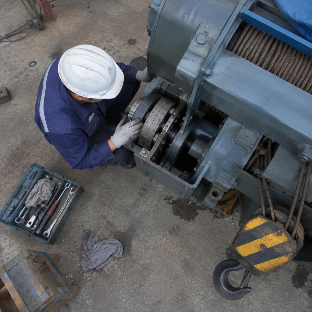 Kỹ thuật viên đang kiểm tra và làm sạch các bộ phận của phanh cẩu Hitachi trong quá trình bảo trì định kỳ.