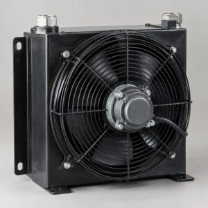 Quạt làm mát dầu 25 lít aj1025t-ca đang hoạt động trong hệ thống thủy lực công nghiệp