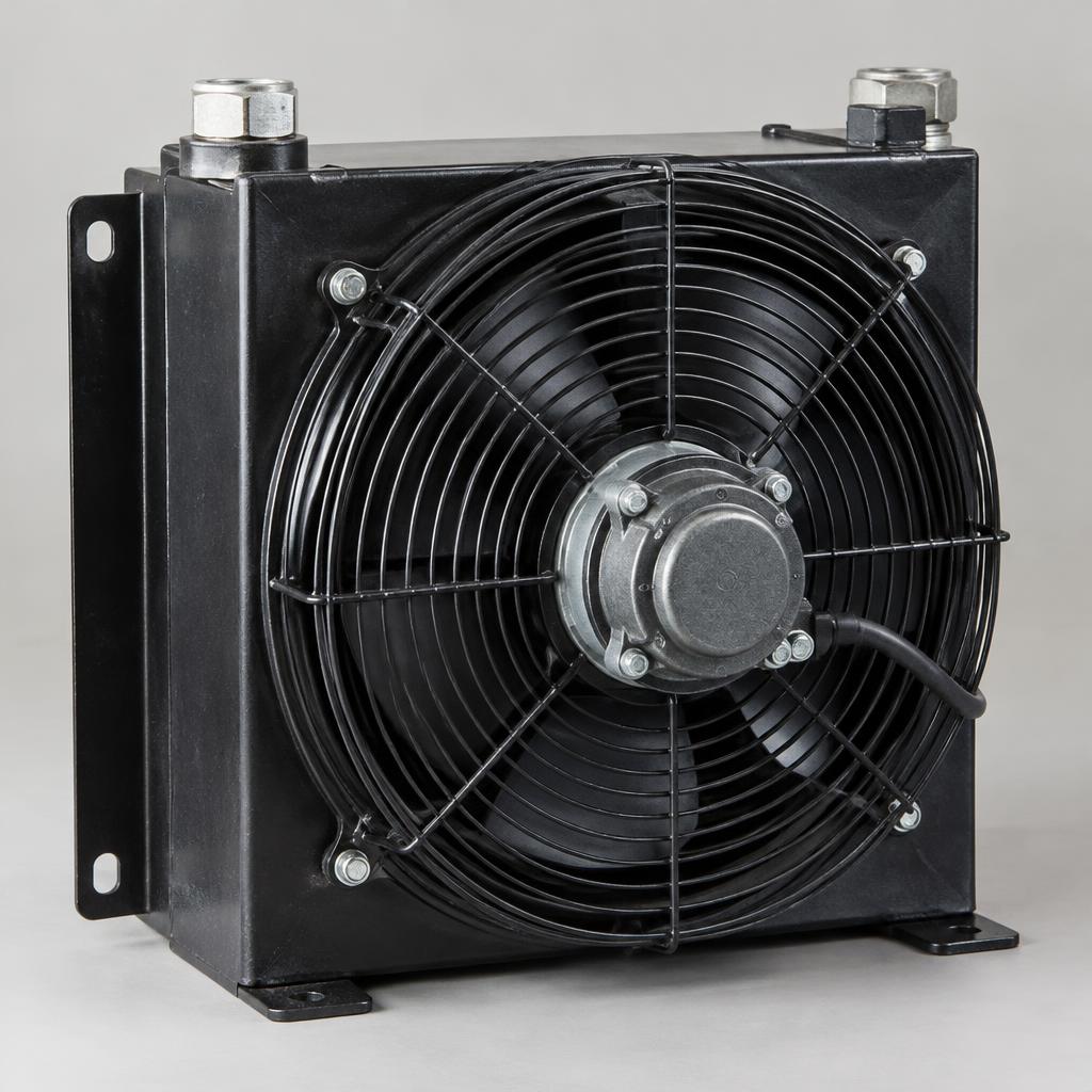 Quạt làm mát dầu 25 lít aj1025t-ca đang hoạt động trong hệ thống thủy lực công nghiệp