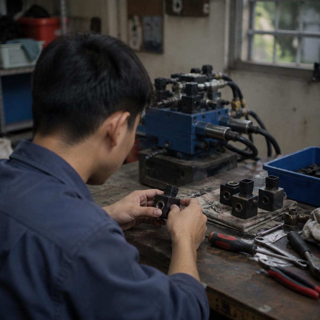Kỹ thuật viên chuẩn bị dụng cụ và đồ bảo hộ để thay cuộn hút van thủy lực