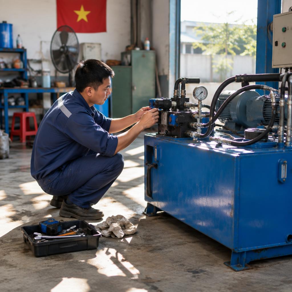 Kỹ thuật viên đang kiểm tra hoạt động và các thông số của hệ thống thủy lực