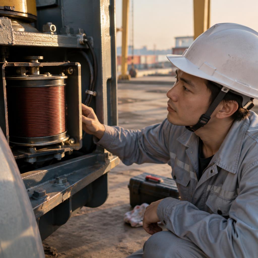 Kỹ thuật viên kiểm tra cuộn hút phanh cẩu trục Mitsubishi