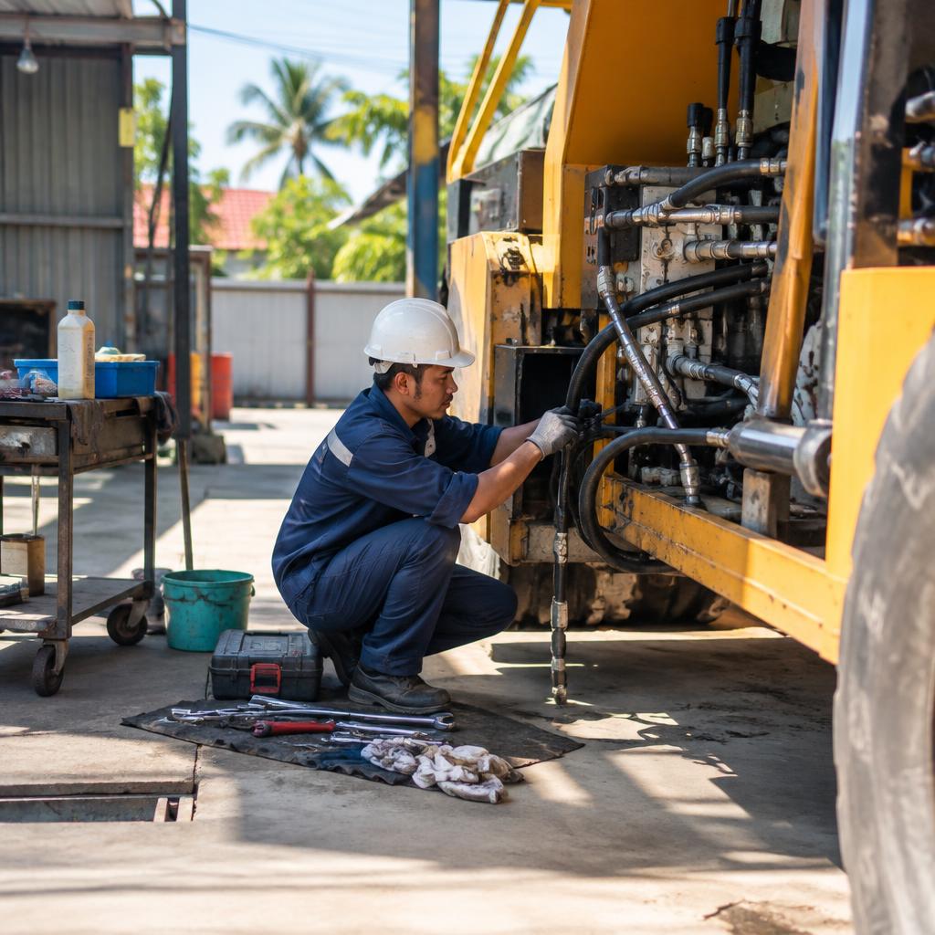 Kỹ thuật viên đang kiểm tra các mối nối ống thủy lực trên máy
