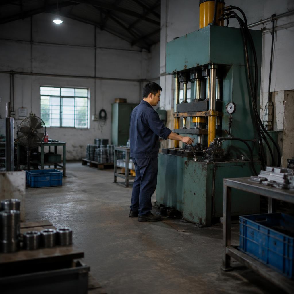 Công nhân vận hành máy móc công nghiệp bằng van điều khiển thủy lực
