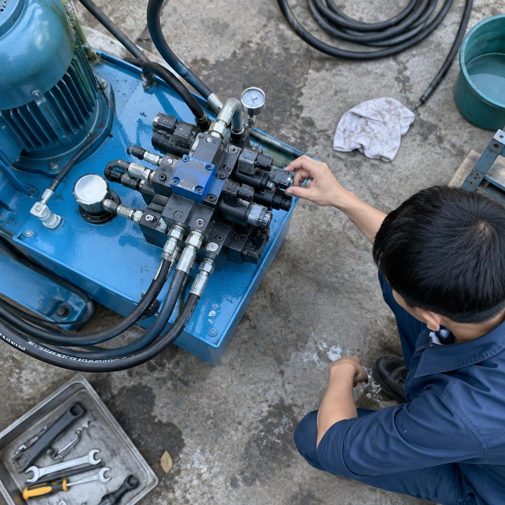 Van thủy lực P40-4 đang được sử dụng trên một máy ép công nghiệp
