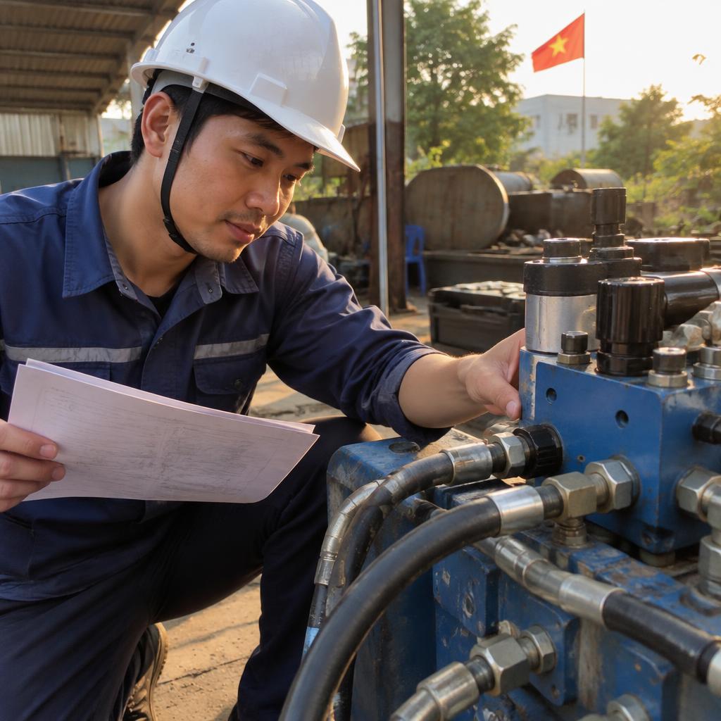 Kỹ sư đang kiểm tra thông số kỹ thuật của van thủy lực P40-2
